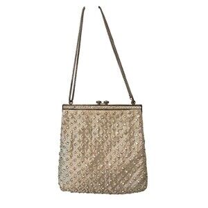 VINTAGE Purse w/Crystal Rhinestones & Silver Kiss Lock Clasp Handbag Wristlet